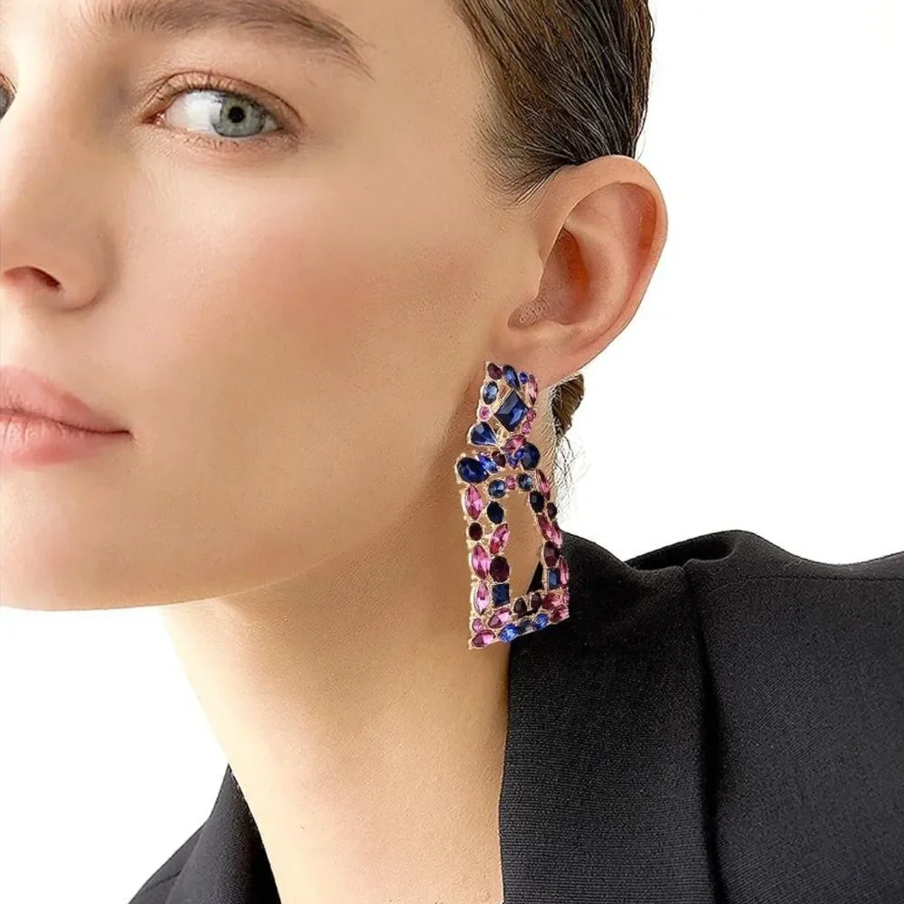 Yellow Gold with Amethyst and Blue Sapphire Crystal Geometric Rectangle Earrings
